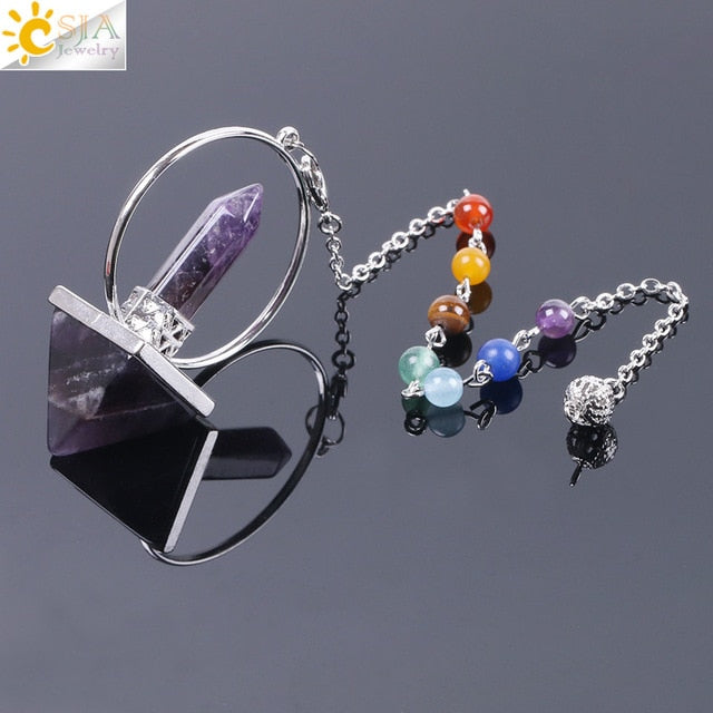 CSJA Reiki Healing 7 Chakra Natural Stone Pendulum for Dowsing Hexagonal Prism Pyramid White Pink Crystal Obsidian Pendants