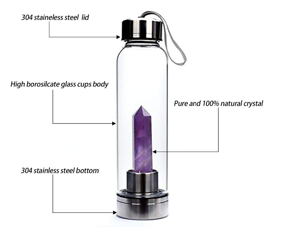 Natural Crystal Quartz Crystal Gemstone Water Bottle Wand Point Reiki Healing Crystal Glass Healing Bottle Glass Elixir Cup