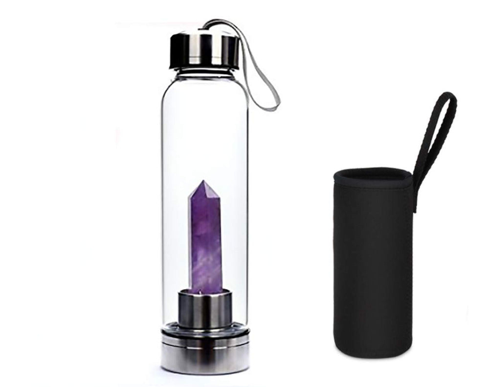 Natural Crystal Quartz Crystal Gemstone Water Bottle Wand Point Reiki Healing Crystal Glass Healing Bottle Glass Elixir Cup
