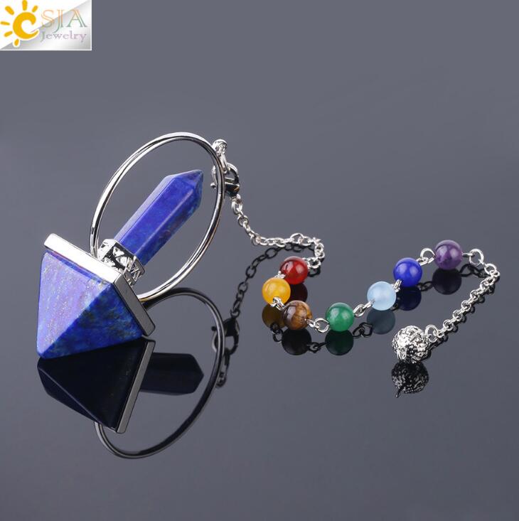 CSJA Reiki Healing 7 Chakra Natural Stone Pendulum for Dowsing Hexagonal Prism Pyramid White Pink Crystal Obsidian Pendants