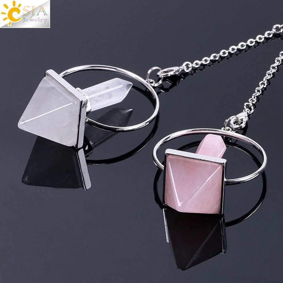CSJA Reiki Healing 7 Chakra Natural Stone Pendulum for Dowsing Hexagonal Prism Pyramid White Pink Crystal Obsidian Pendants