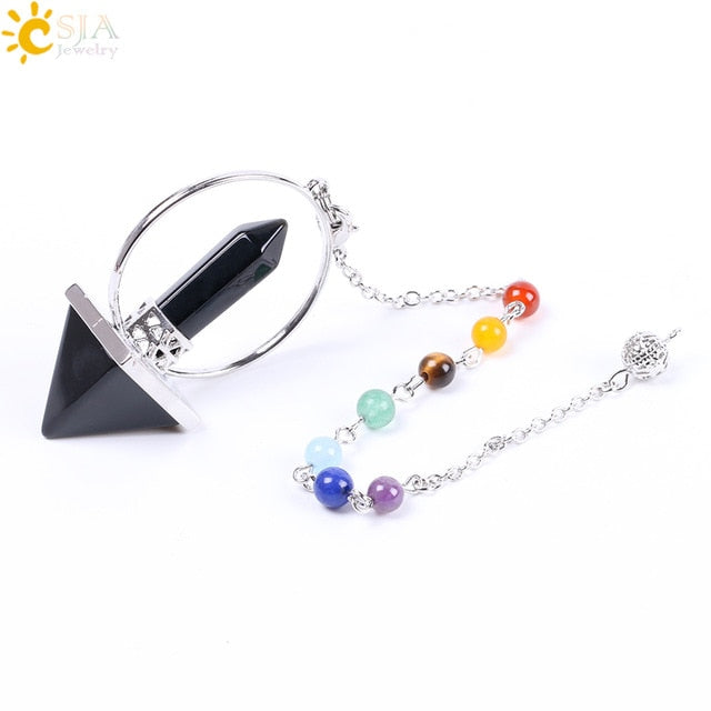CSJA Reiki Healing 7 Chakra Natural Stone Pendulum for Dowsing Hexagonal Prism Pyramid White Pink Crystal Obsidian Pendants