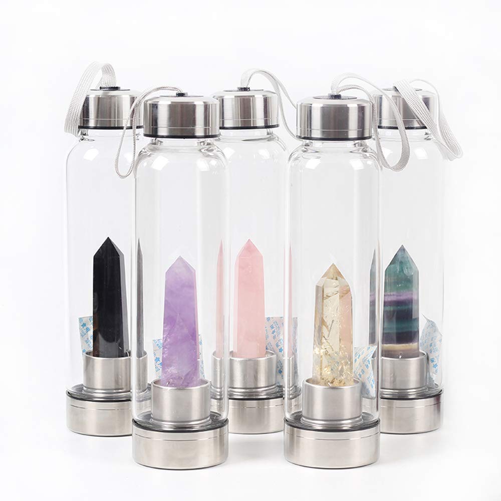 Natural Crystal Quartz Crystal Gemstone Water Bottle Wand Point Reiki Healing Crystal Glass Healing Bottle Glass Elixir Cup