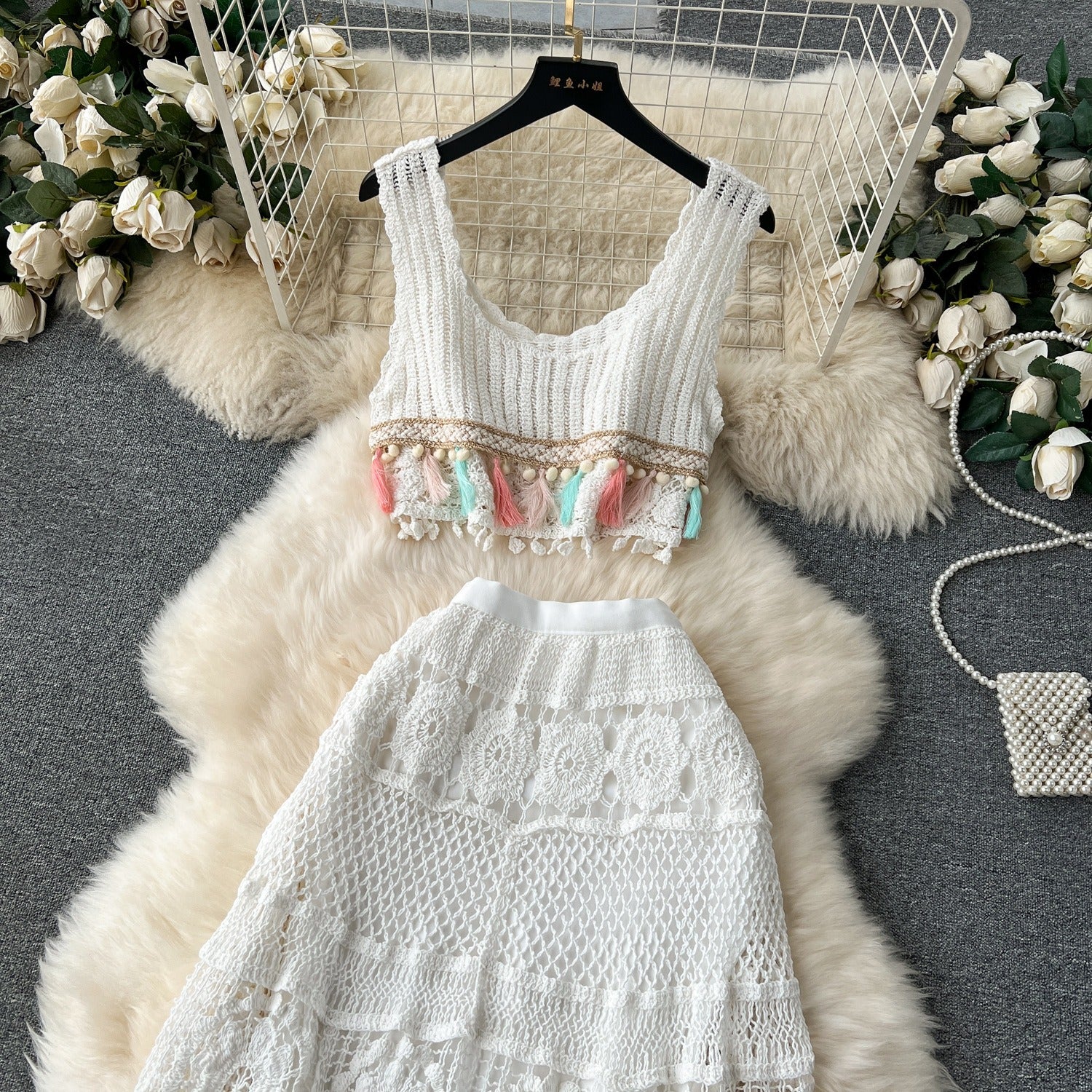 Retro Bohemian Knitted Set Women's Lace Sleeveless Tank Top+High Waist Mesh Hook Flower Long Skirt