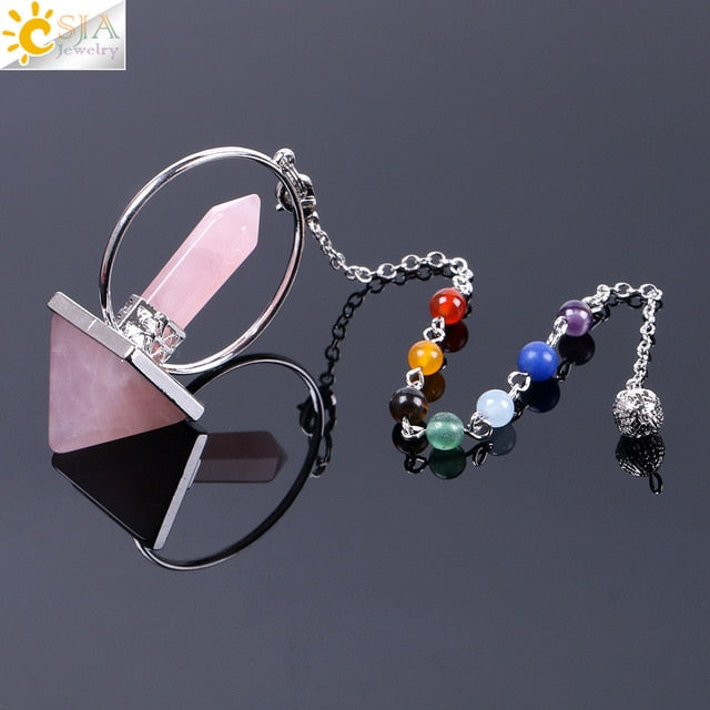 CSJA Reiki Healing 7 Chakra Natural Stone Pendulum for Dowsing Hexagonal Prism Pyramid White Pink Crystal Obsidian Pendants