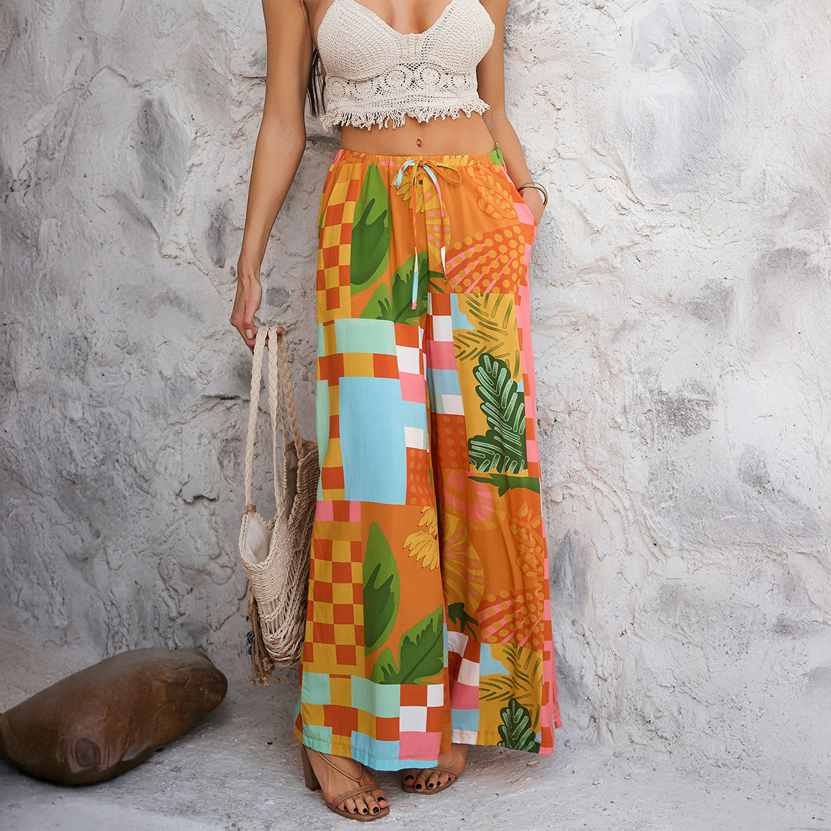 Bohemian vacation style cotton printed casual pants
