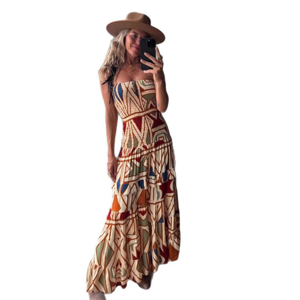 Vintage Bohemian Print Strapless Dress