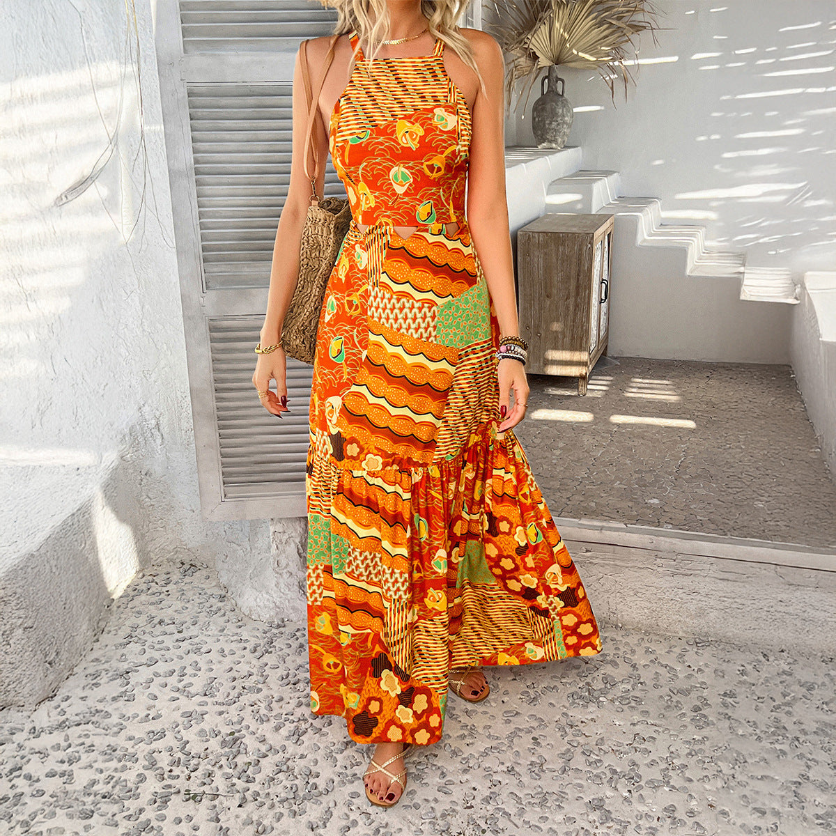 Bohemian Print Strapless Long Dress Women's