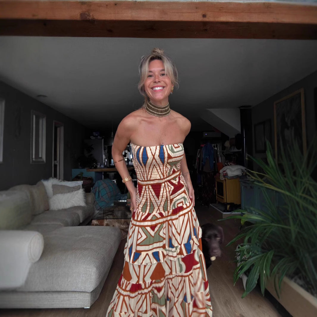 Vintage Bohemian Print Strapless Dress