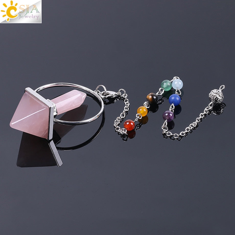 CSJA Reiki Healing 7 Chakra Natural Stone Pendulum for Dowsing Hexagonal Prism Pyramid White Pink Crystal Obsidian Pendants