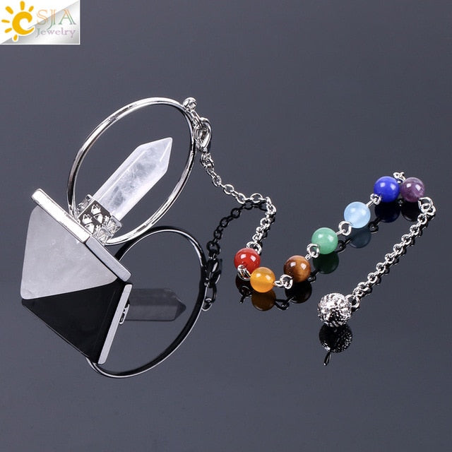CSJA Reiki Healing 7 Chakra Natural Stone Pendulum for Dowsing Hexagonal Prism Pyramid White Pink Crystal Obsidian Pendants