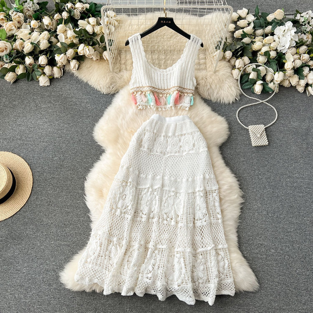 Retro Bohemian Knitted Set Women's Lace Sleeveless Tank Top+High Waist Mesh Hook Flower Long Skirt