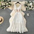 Retro Bohemian Knitted Set Women's Lace Sleeveless Tank Top+High Waist Mesh Hook Flower Long Skirt