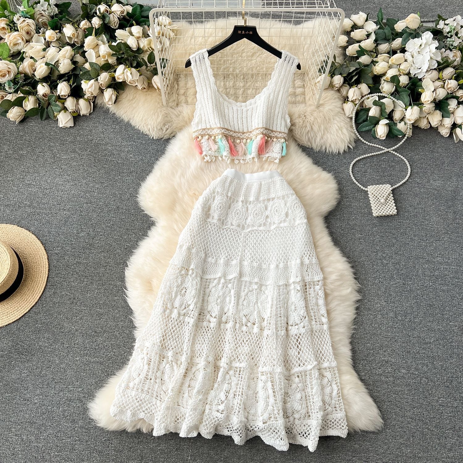 Retro Bohemian Knitted Set Women's Lace Sleeveless Tank Top+High Waist Mesh Hook Flower Long Skirt