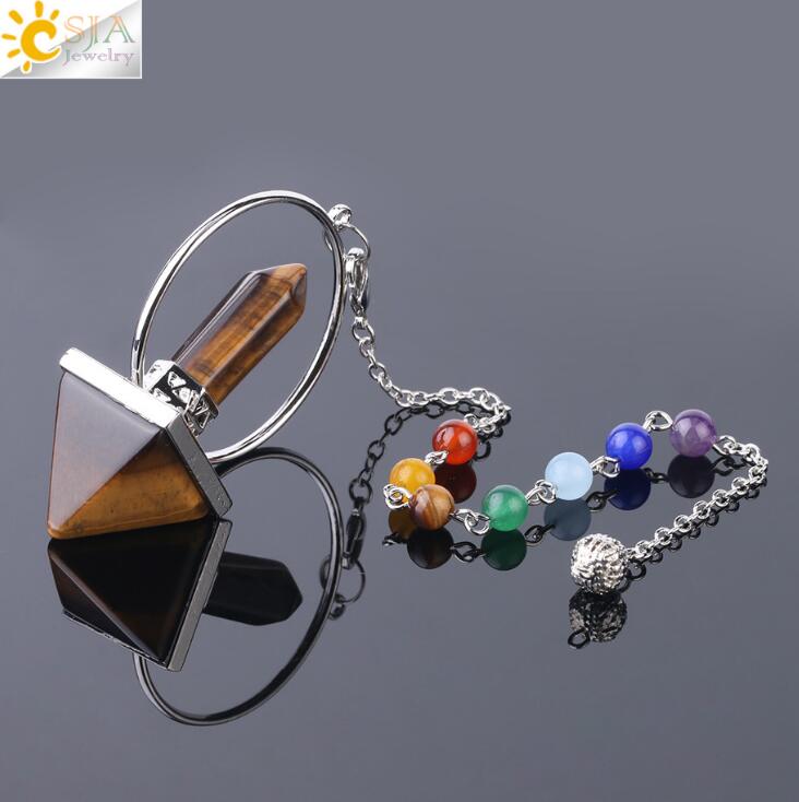 CSJA Reiki Healing 7 Chakra Natural Stone Pendulum for Dowsing Hexagonal Prism Pyramid White Pink Crystal Obsidian Pendants
