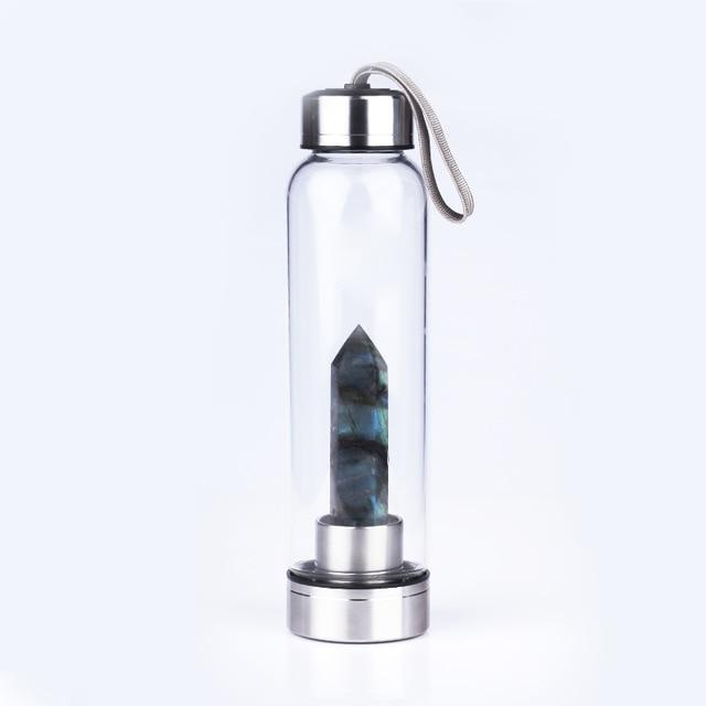 Natural Crystal Quartz Crystal Gemstone Water Bottle Wand Point Reiki Healing Crystal Glass Healing Bottle Glass Elixir Cup