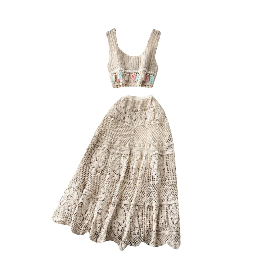 Retro Bohemian Knitted Set Women's Lace Sleeveless Tank Top+High Waist Mesh Hook Flower Long Skirt