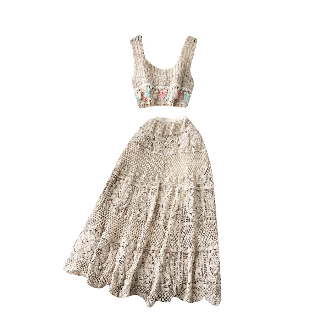 Retro Bohemian Knitted Set Women's Lace Sleeveless Tank Top+High Waist Mesh Hook Flower Long Skirt