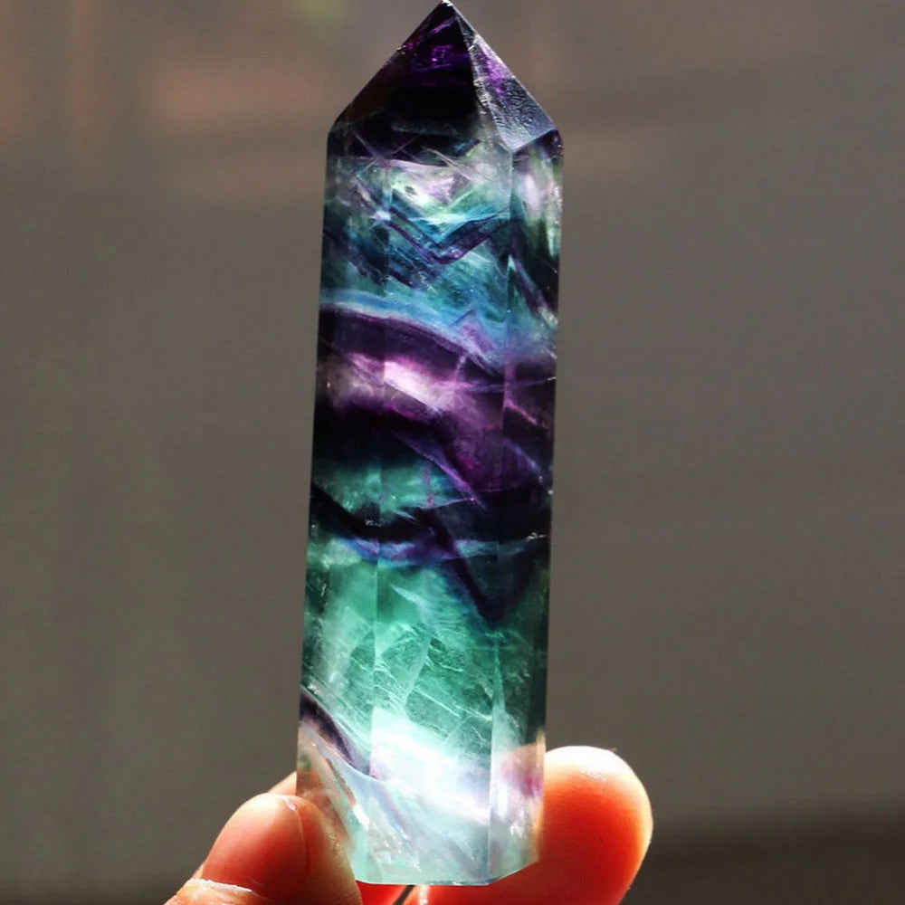 Natural Fluorite Crystal Colorful Striped Fluorite3-5CM Quartz Crystal Stone Point Healing Hexagonal Wand Treatment Stone