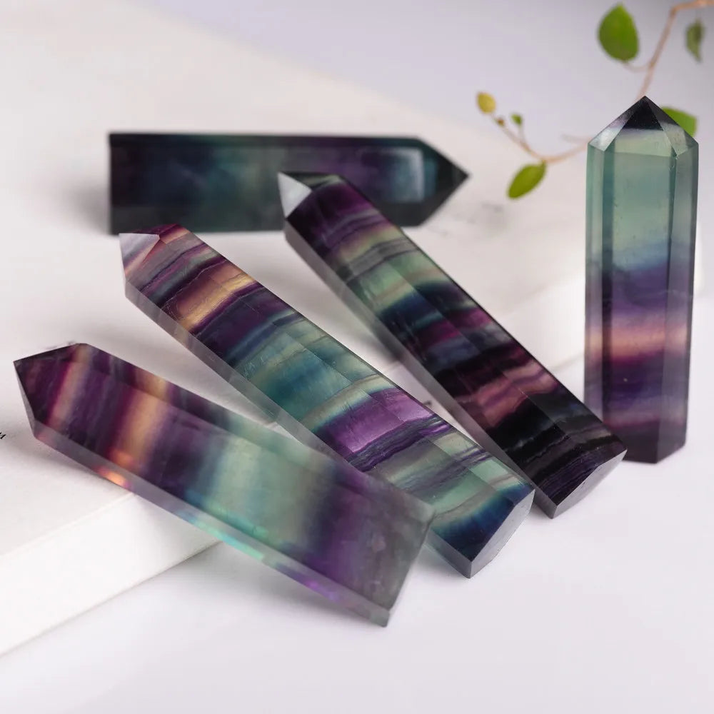 Natural Fluorite Crystal Colorful Striped Fluorite3-5CM Quartz Crystal Stone Point Healing Hexagonal Wand Treatment Stone