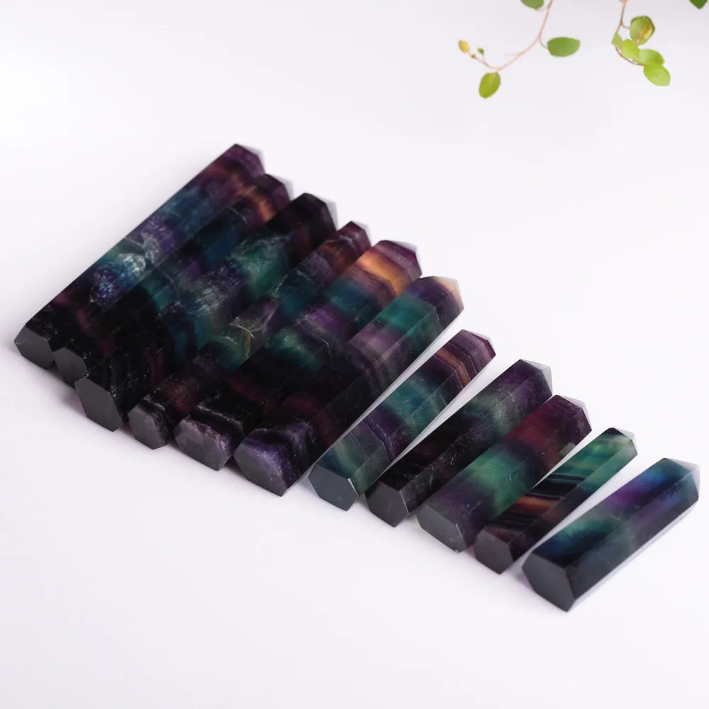 Natural Fluorite Crystal Colorful Striped Fluorite3-5CM Quartz Crystal Stone Point Healing Hexagonal Wand Treatment Stone