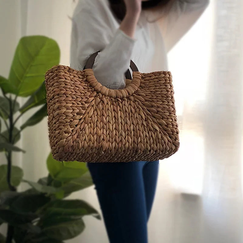 Women Vintage Rattan Handbag Female Bohemian Summer Beach Straw Bags Lady Simple Weave Bag Handmade Casual Large Tote