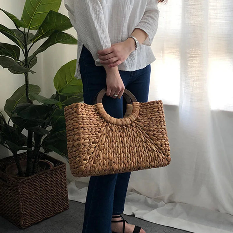 Women Vintage Rattan Handbag Female Bohemian Summer Beach Straw Bags Lady Simple Weave Bag Handmade Casual Large Tote